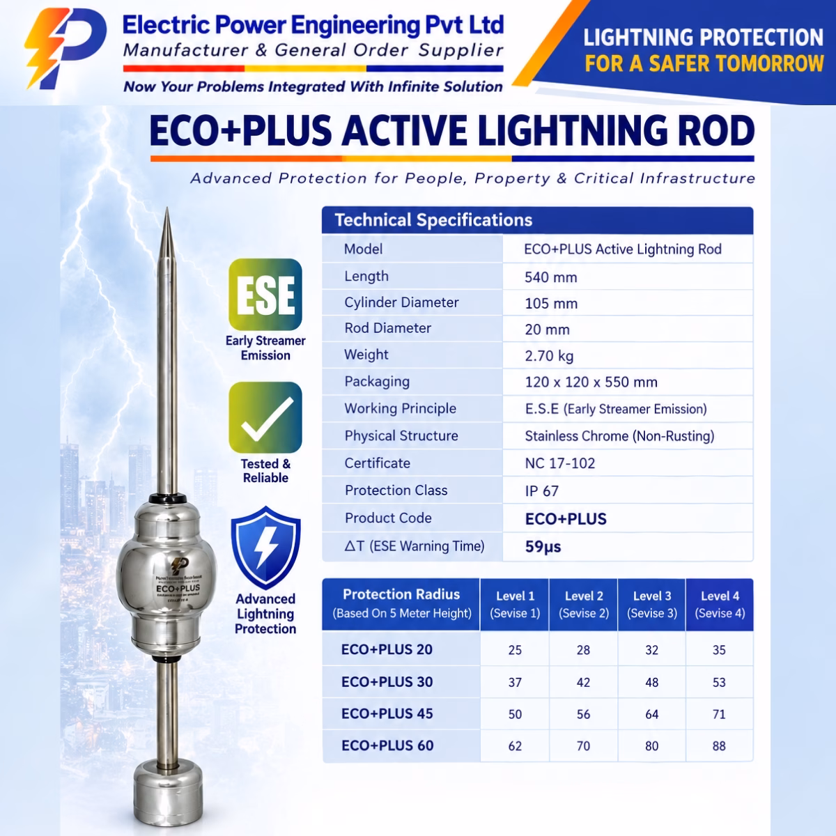 Patriot ECO+PLUS ESE active lightning rod for lightning protection